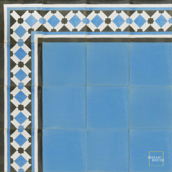 Mosaic House Moroccan tile Anemone Border C14-4-11 White Black Blue  cement, encaustic, border 