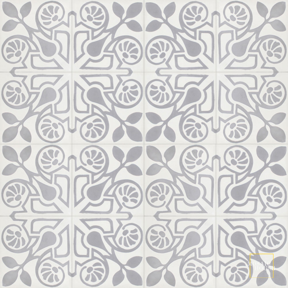 Mosaic House Moroccan tile Brooklyn C14-24 White Silver, gray  cement, encaustic, field, pattern floral 