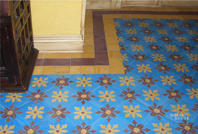 Mosaic House Moroccan tile Little Carlow C11-15-5 Blue Ochre, yellow, orange Chocolate, brown  cement, encaustic, field, pattern 