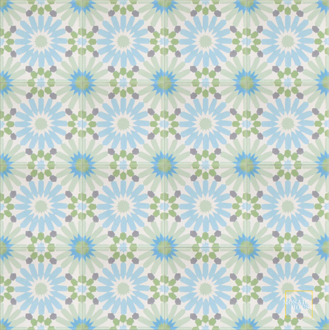 Mosaic House Moroccan tile Rugosa Song C14-16-23-8-6-24 White Pale Jade, green Mist, blue Pistachio, green Pacific Blue Silver, gray  cement, encaustic, field, pattern, floral, intricate 