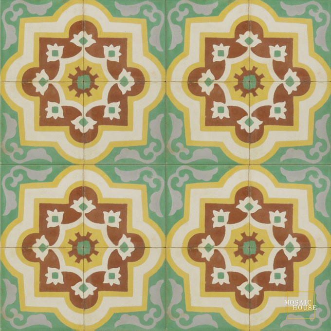 Mosaic House Moroccan tile Waterlily C30-26-14-15-24 Spring Green Brown White Ochre, yellow, orange Silver, gray  cement, encaustic, field, pattern 