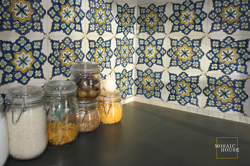 Mosaic House Moroccan tile Bouquet Multi 1-15-18-12 White Cobalt Blue Yellow Light Green  hand painted 