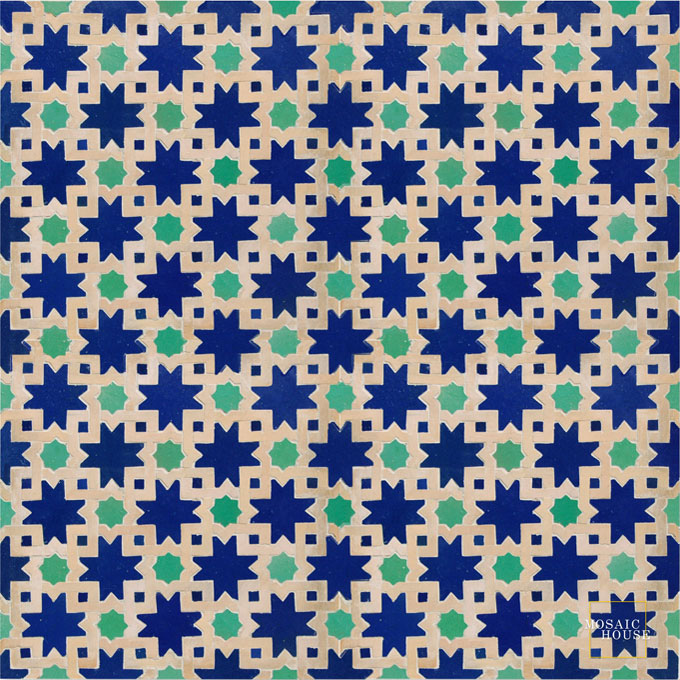 Mosaic House Moroccan tile Mogador 15-12-14 Cobalt Blue Light Green Natural, Unglazed, Terracotta zellige, mosaic, zellij, field, pattern, glaze