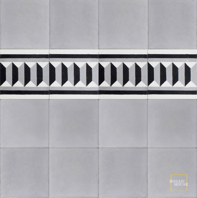 Mosaic House Moroccan tile Ariette Border C14-24-4 White Silver, gray Black  cement, encaustic, border, traditional, classic 
