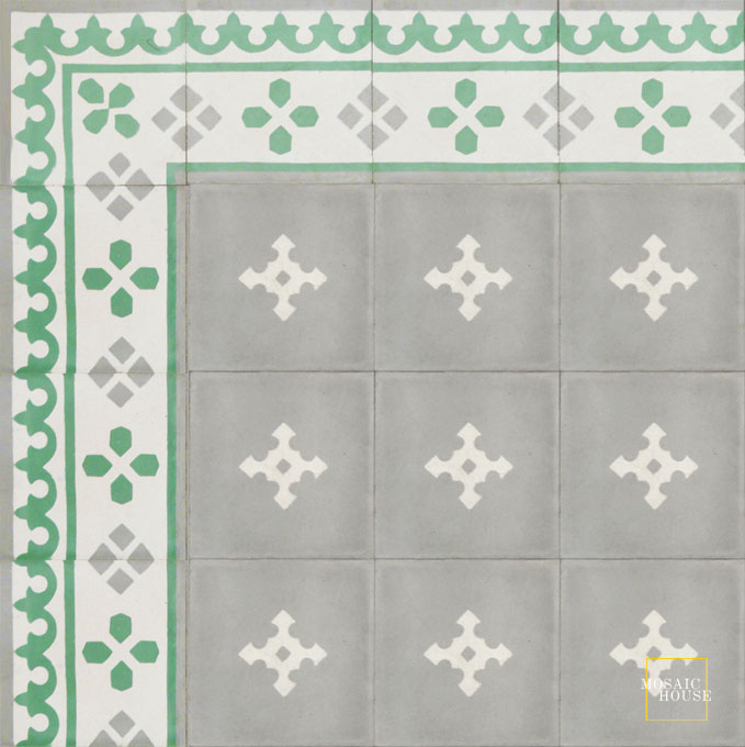 Mosaic House Moroccan tile Yasmin Border C14-24-30 White Silver, gray Spring Green  cement, encaustic, border 