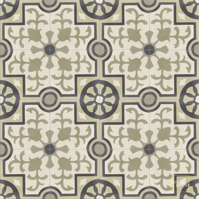Mosaic House Moroccan tile Jardin C14-42-36-4 White Vanilla, gray Ash Gray, gray Black  cement, encaustic, field, pattern classic floral 