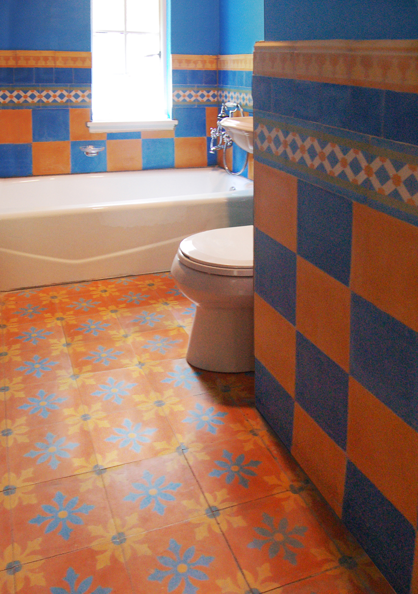 Mosaic House Moroccan tile Little Carlow C9-15-29 Burnt Ochre, orange Ochre, yellow, orange Azur Blue  cement, encaustic, field, pattern, floral 