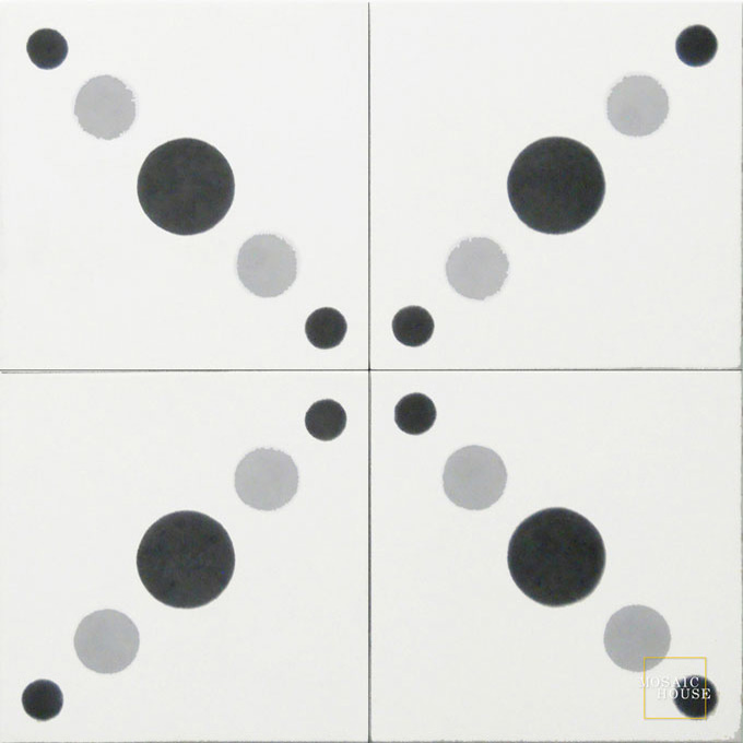 Mosaic House Moroccan tile Moon C14-4-24 White Black Silver, gray  cement, encaustic, field, pattern, modern, circles, geometric 
