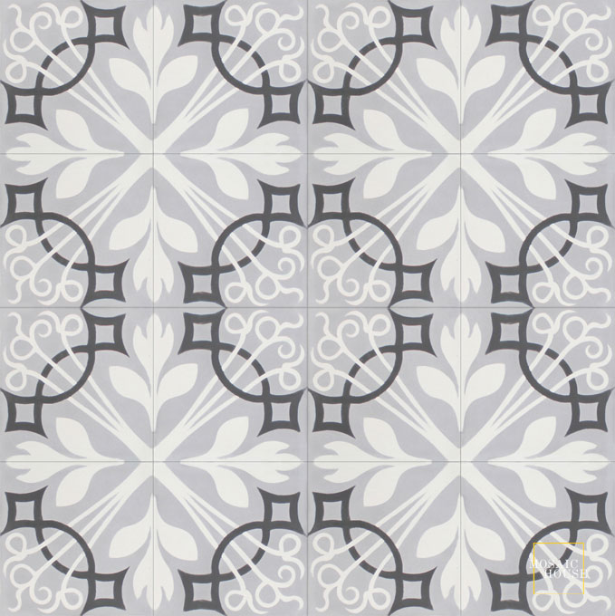 Mosaic House Moroccan tile NYNY C24-14-4 Silver, gray White Black  cement, encaustic, field, pattern, floral 