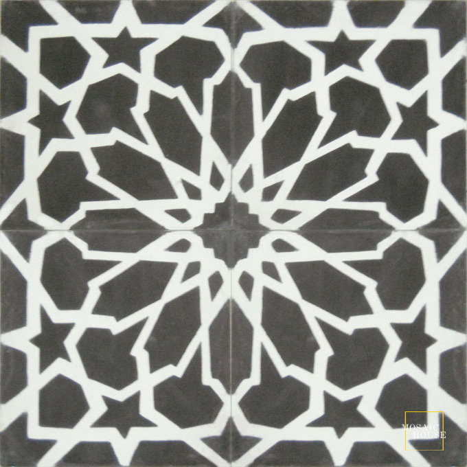 Mosaic House Moroccan tile Scabiosa C4-14 Black White  cement, encaustic, field, pattern, geometric, classic 