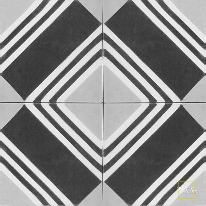 Mosaic House Moroccan tile Tirol C4-14-24 Black White Silver, gray  cement, encaustic, field, pattern, classic, geometric 