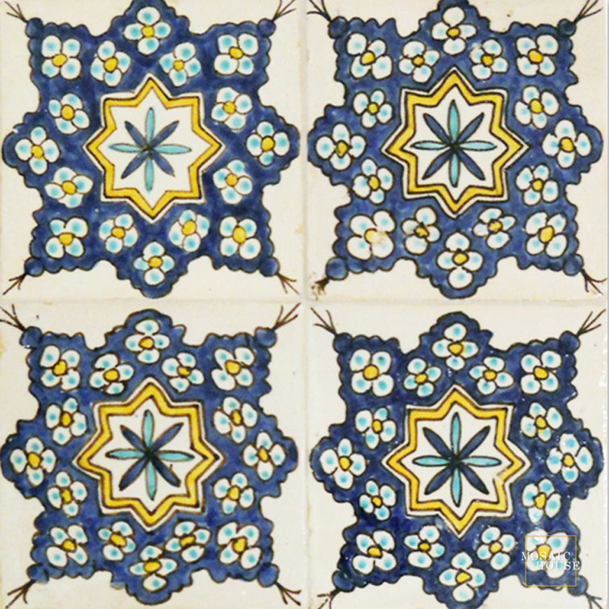 Mosaic House Moroccan tile Bouquet Multi 1-15-18-12 White Cobalt Blue Yellow Light Green  hand painted 
