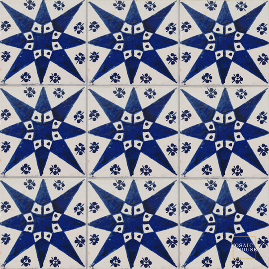 Mosaic House Moroccan tile Etoile Blue 1-15 White Cobalt Blue  hand painted 
