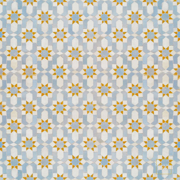 Mosaic House Moroccan tile Dazzle 1-17-8 White Sky blue Ochre  zellige, mosaic, zellij, field, pattern, glaze, intricate, classic, traditional, complex 