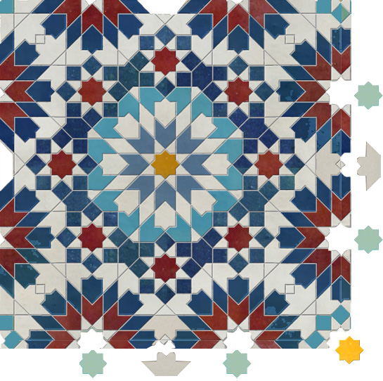 Mosaic House Moroccan tile Batha Custom 1-7-15-2-18-12-23-16 White Red Cobalt Blue Light Blue Yellow Light Green Turquoise Gold  zellige, mosaic, zellij, field, pattern, glaze 